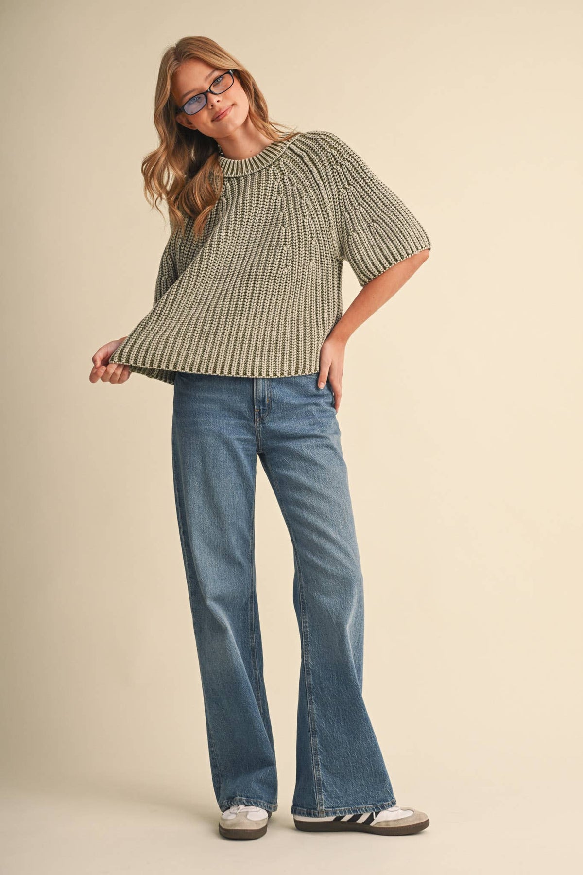 PREORDER - WASHED CHUNKY KNIT SHORT SLEEVE SWEATER : KHAKI