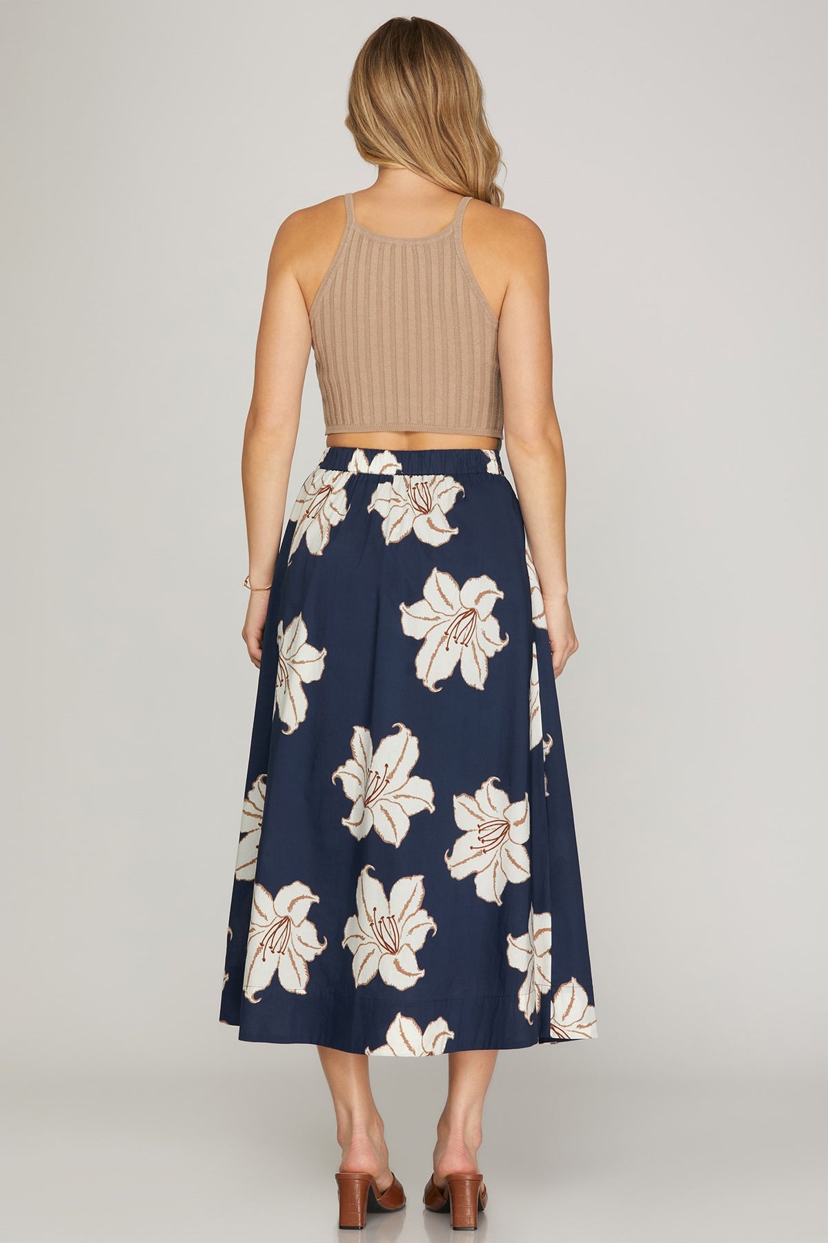 She+Sky Navy floral midi skirt