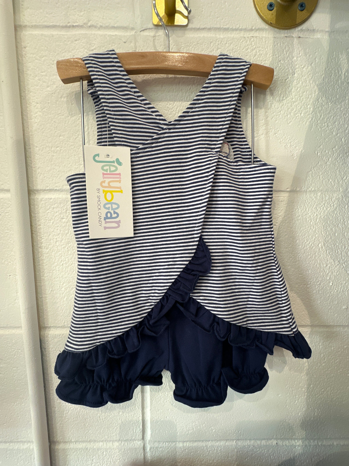 Navy and white striped girls jags set with ruffle trim monogrammed