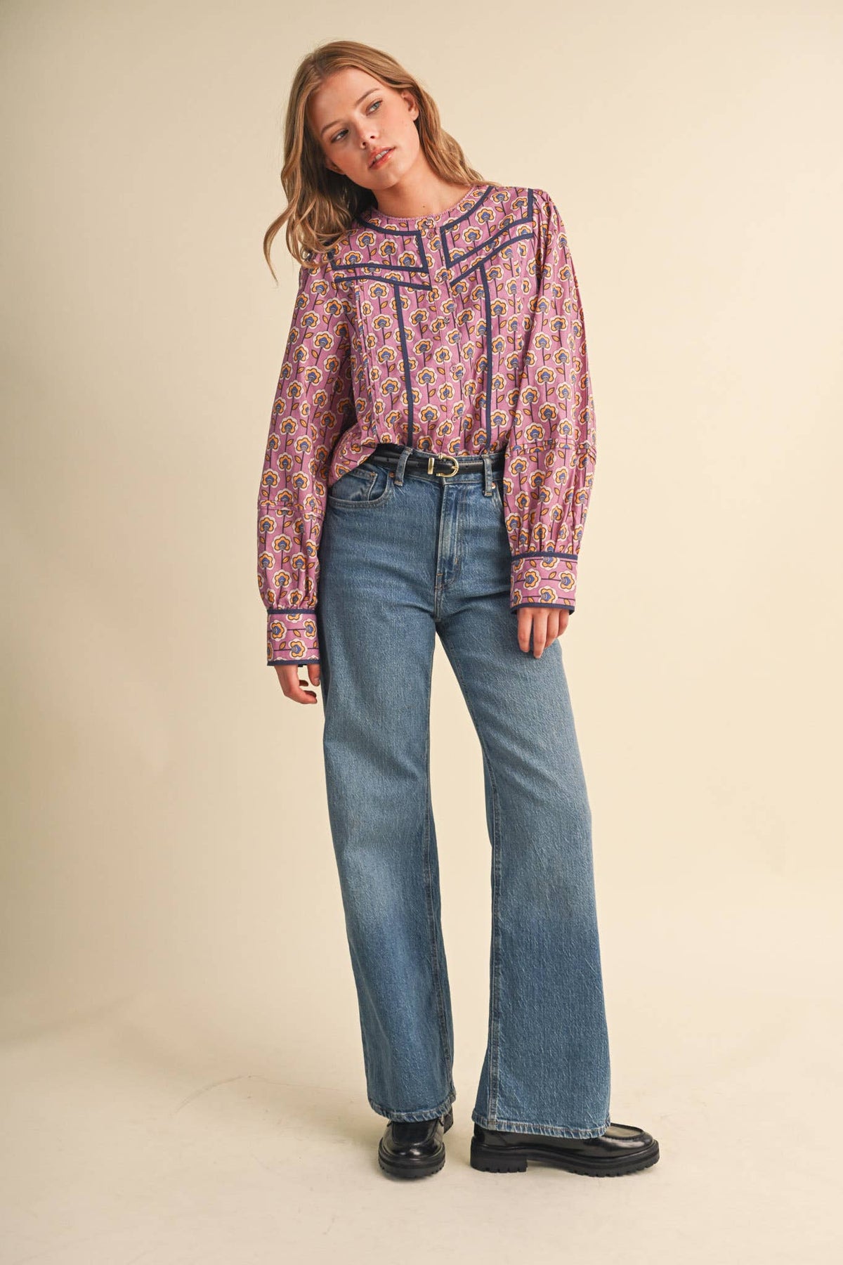 PREORDER : FLORAL BUTTON UP TOP WITH CONTRAST BINDING TRIM : ORCHID FLORAL