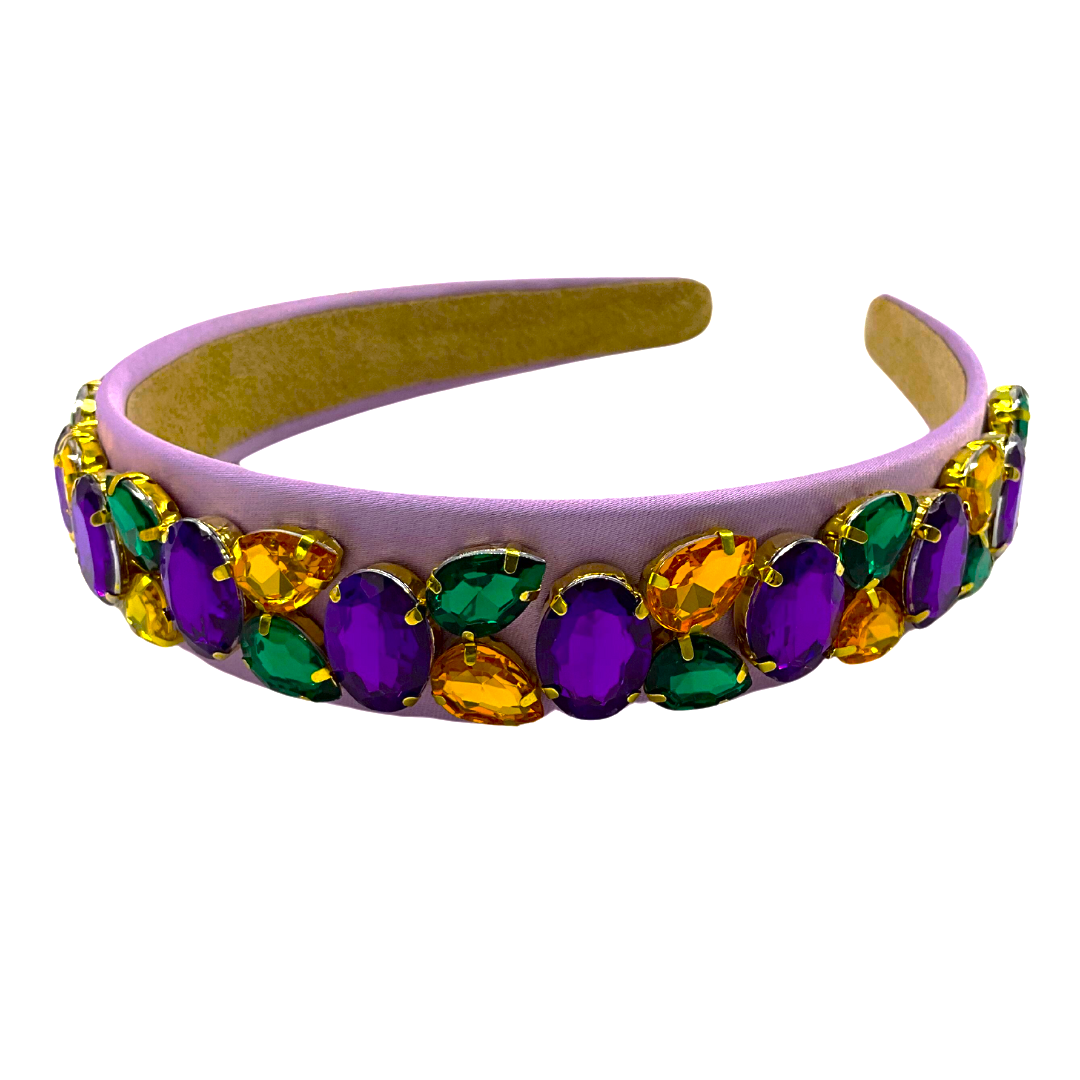 Lavender Mardi Gras Headband with Purple, Green, and Gold Rhinestones