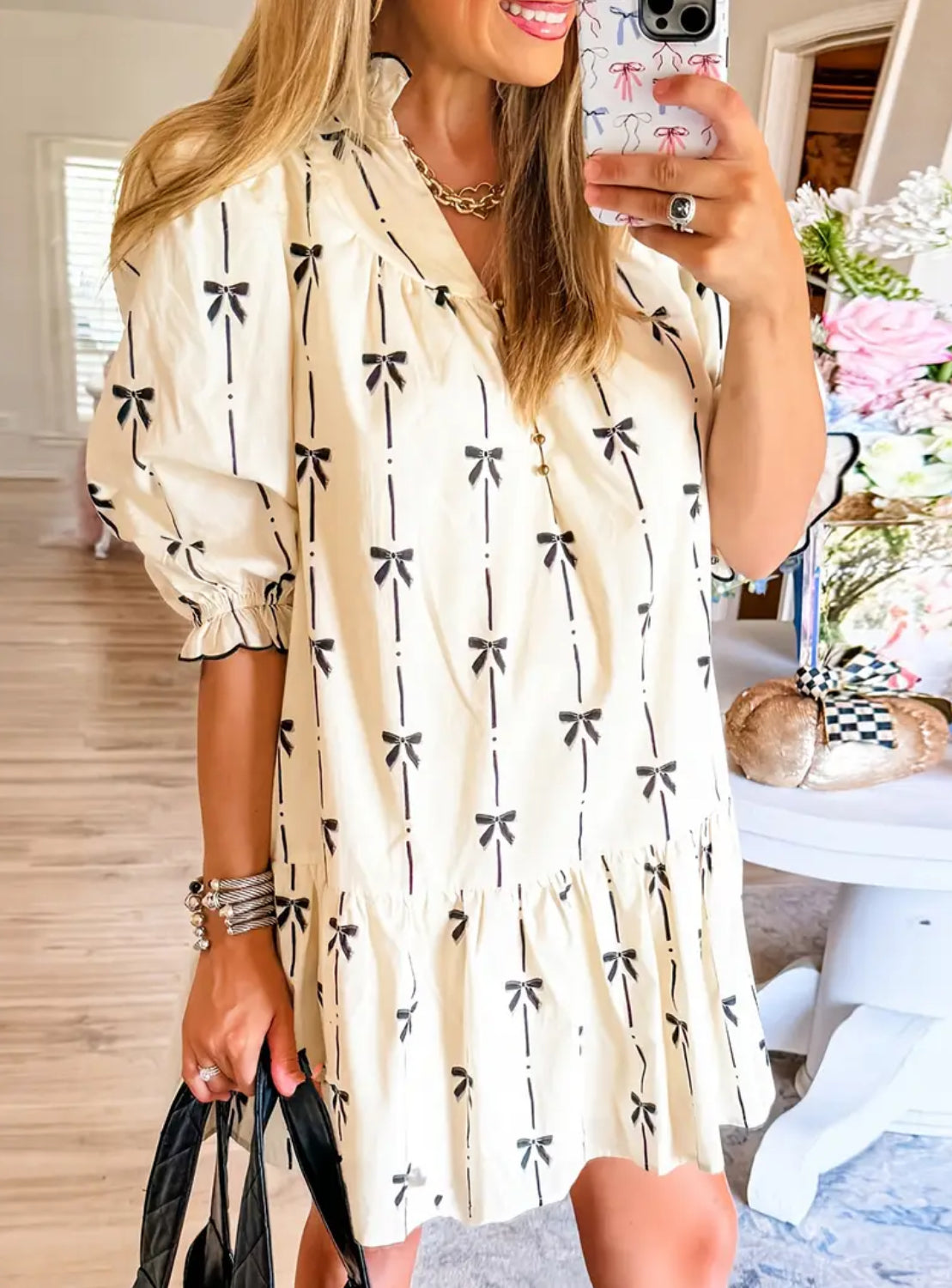 CLEARANCE: Cream with black bow dress