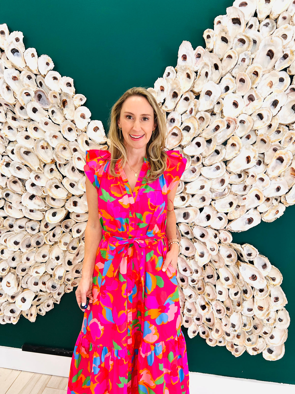 Sugarlips: Daphne Floral Dynamite Button Midi Dress: FUCHSIA-MULTI