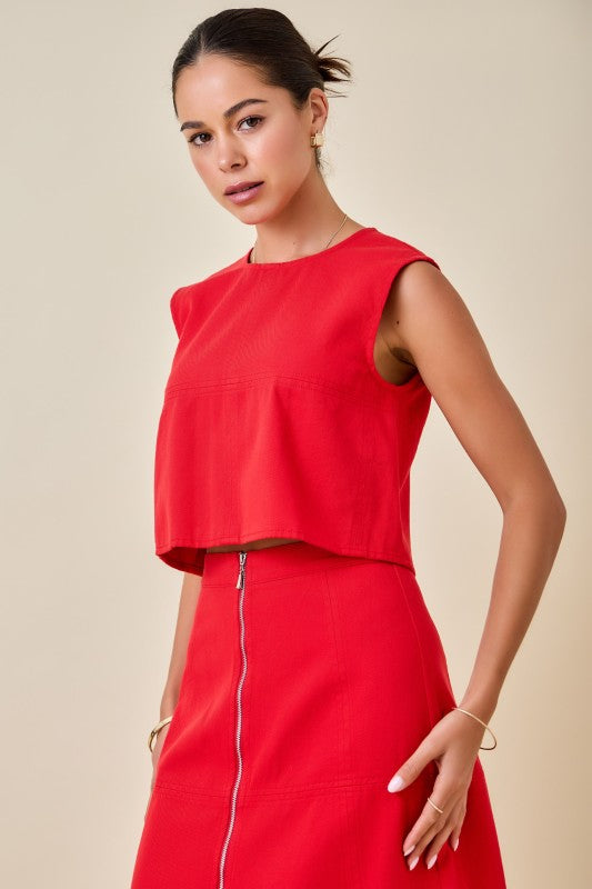 Denim crop top & zippered skirt set: RED