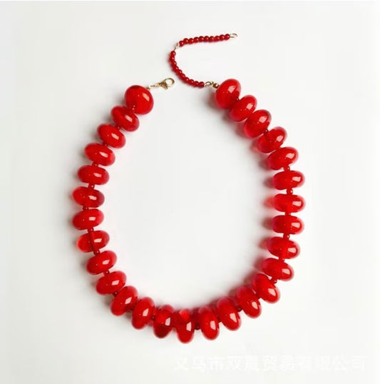 Chunky Beaded Necklace: RED  ￼