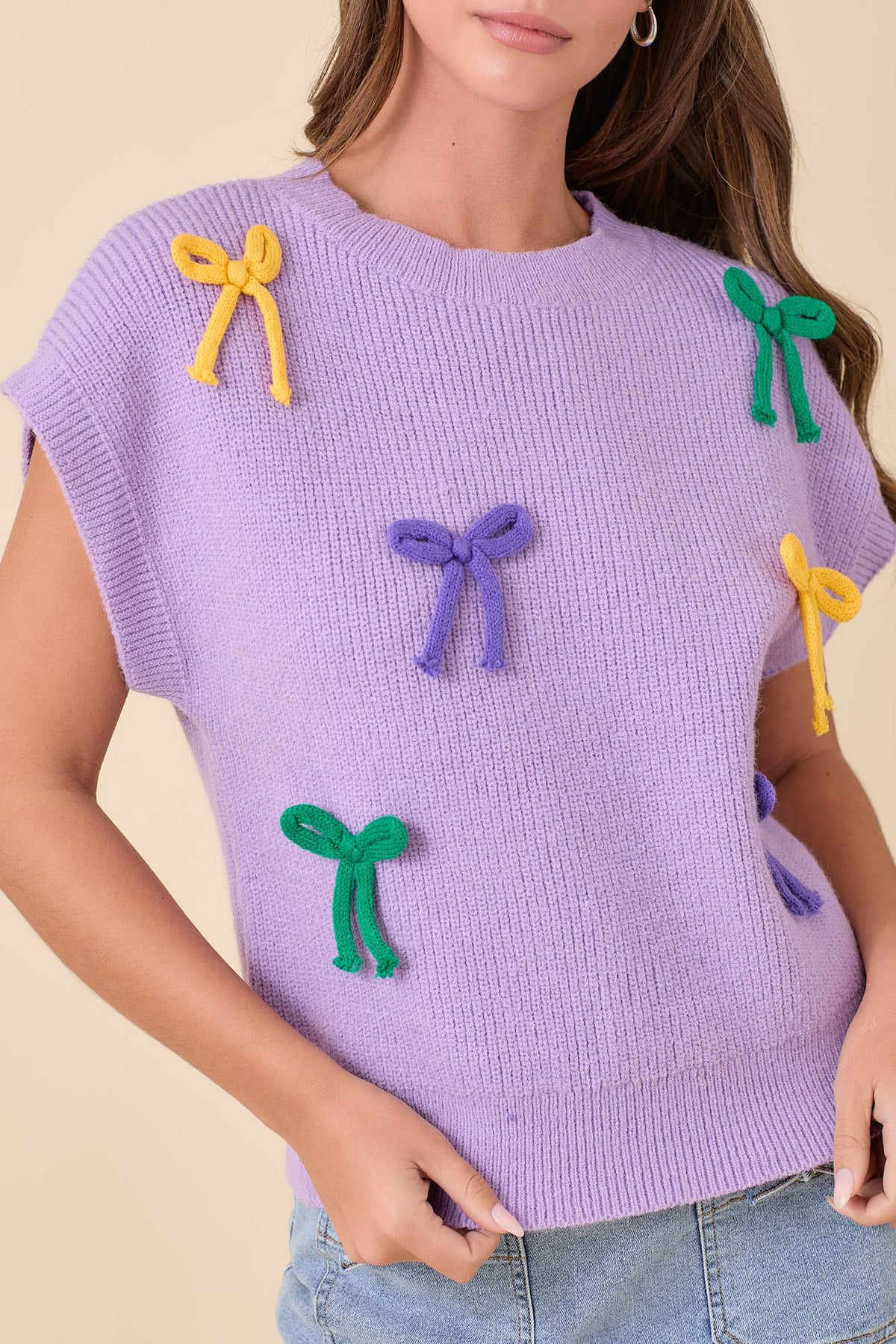 Mardi Gras Ribbon Bow Knit Top: Lavender
