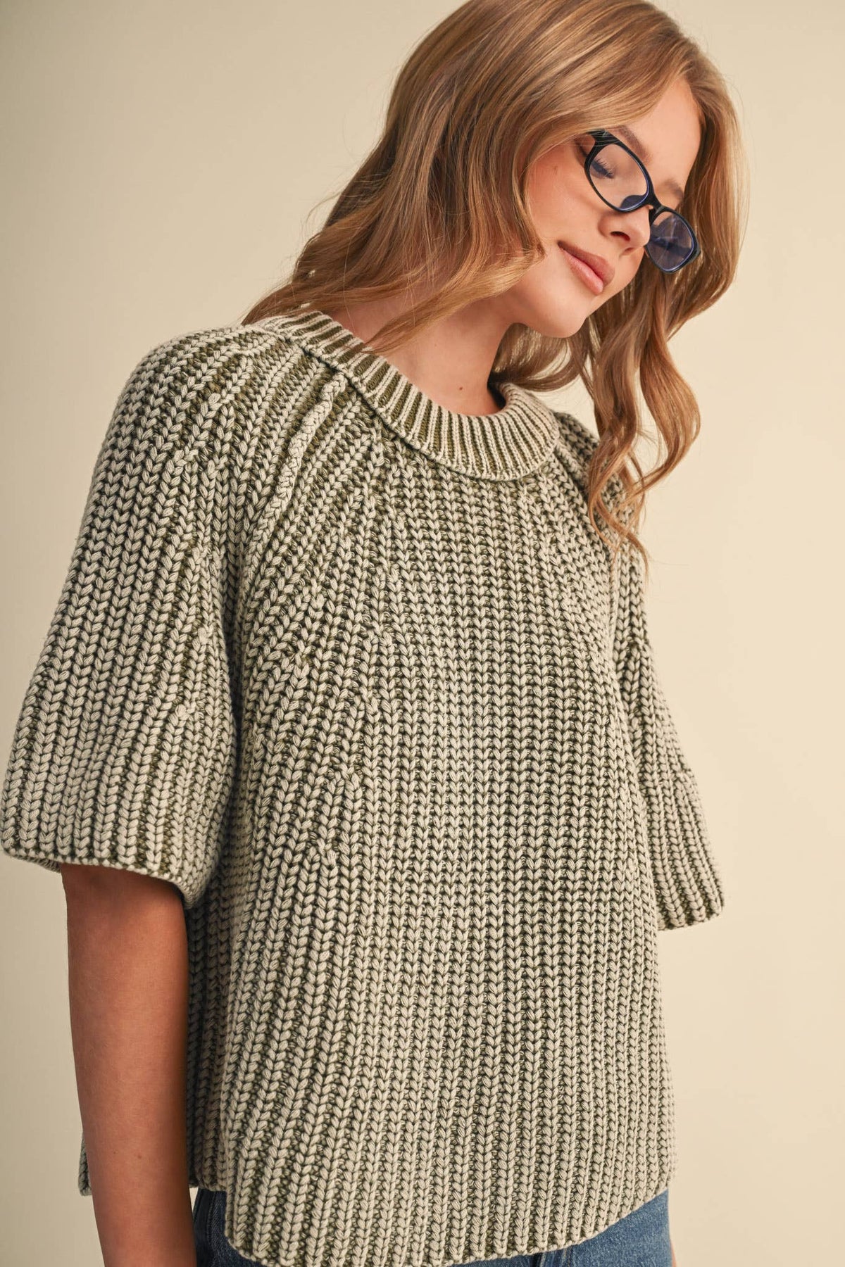PREORDER - WASHED CHUNKY KNIT SHORT SLEEVE SWEATER : KHAKI