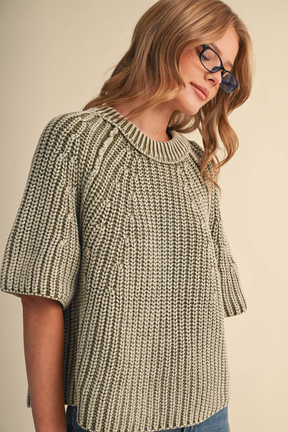 PREORDER - WASHED CHUNKY KNIT SHORT SLEEVE SWEATER : KHAKI