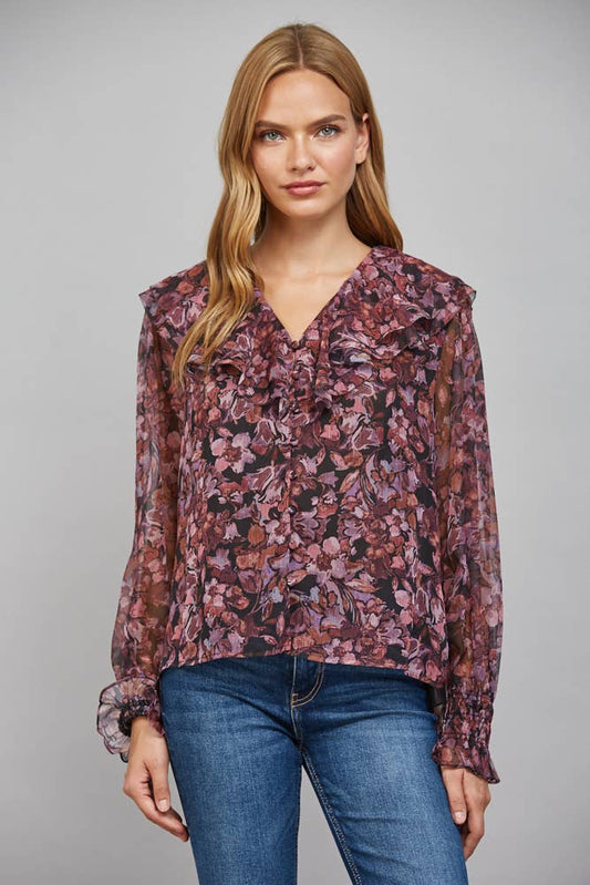 PREORDER: FATE - FLORAL PRINT CHIFFON LAYERED RUFFLE DETAIL V-NECKLINE BLOUSE: BLACK MULTI