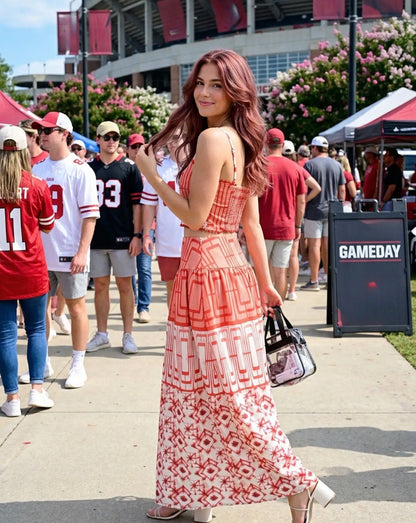 Geometric printed crop top and midi skirt set: RED COMBO