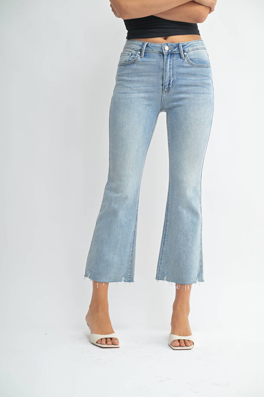 JBD -High Rise Crop Flare w/ Distressed Hem: Light Denim