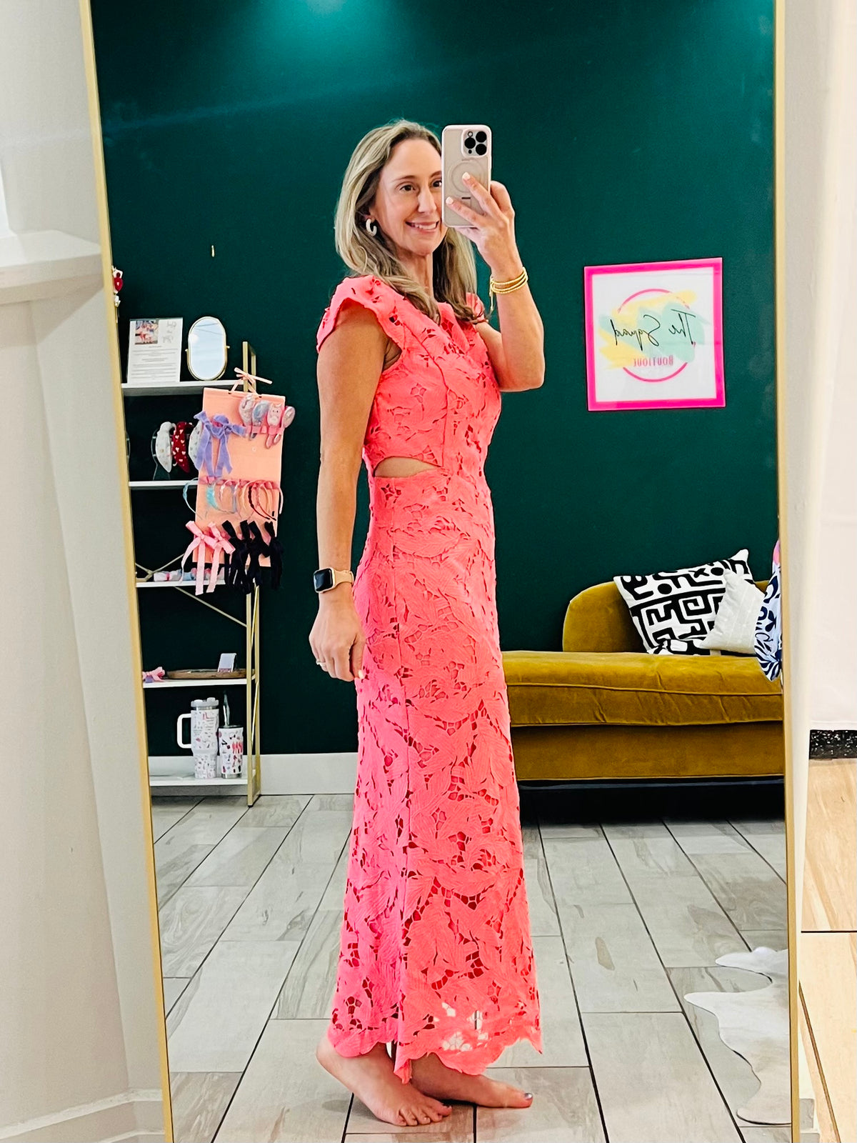 Adelyn Rae: Portia 3D Lace Cap Sleeve Midi Dress: Coral