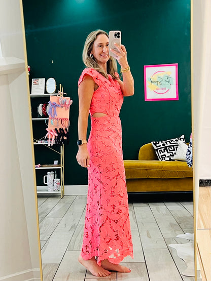 Adelyn Rae: Portia 3D Lace Cap Sleeve Midi Dress: Coral