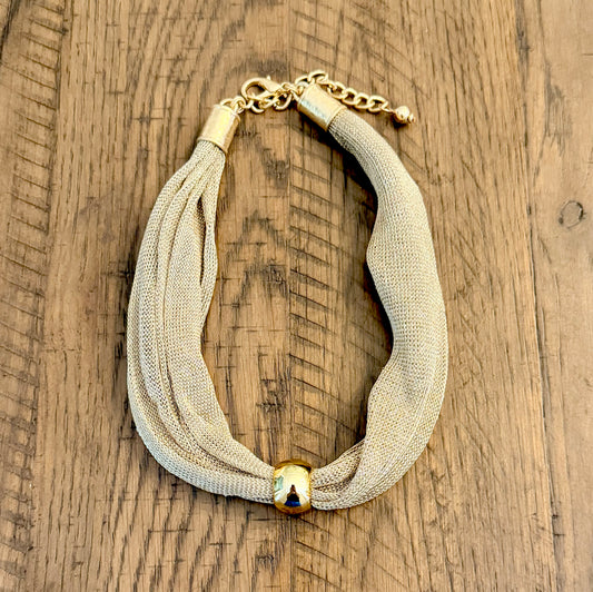Gold mesh necklace with ball pendant