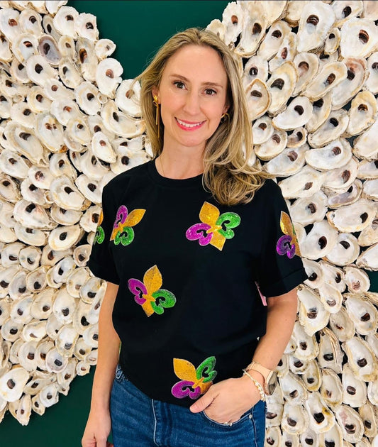 Mardi Gras black cuffed sleeve tee with sequins fleur de lis