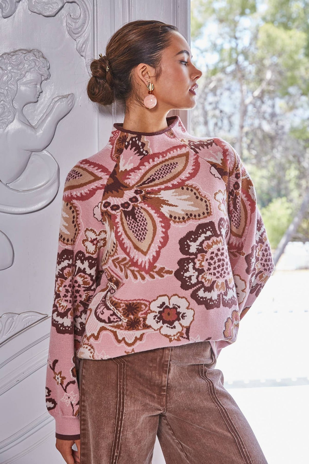 PREORDER: FATE - BOLD FLORAL & PAISLEY PATTERN FUNNEL NECKLINE SWEATER: MAUVE MULTI