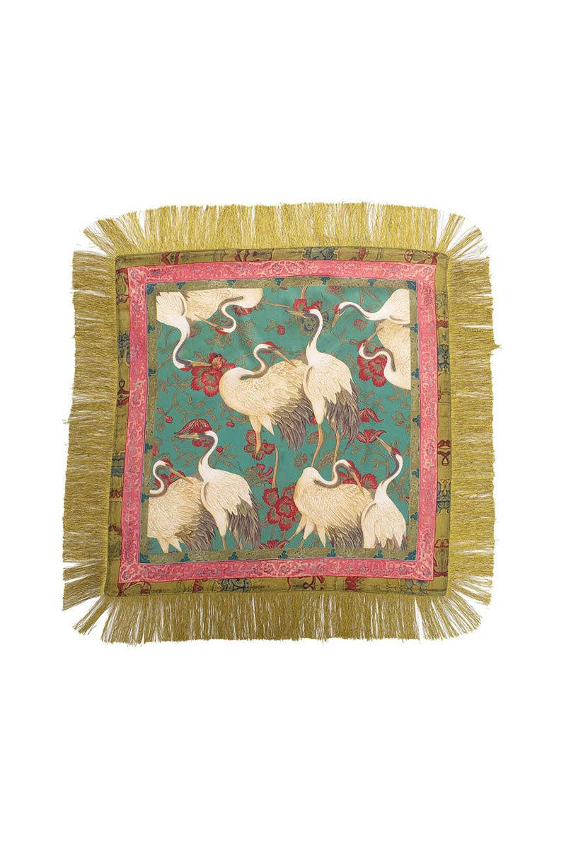 PREORDER : Fringe Scarf - Green Pink Crane