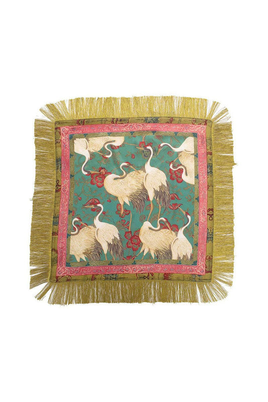 PREORDER : Fringe Scarf - Green Pink Crane