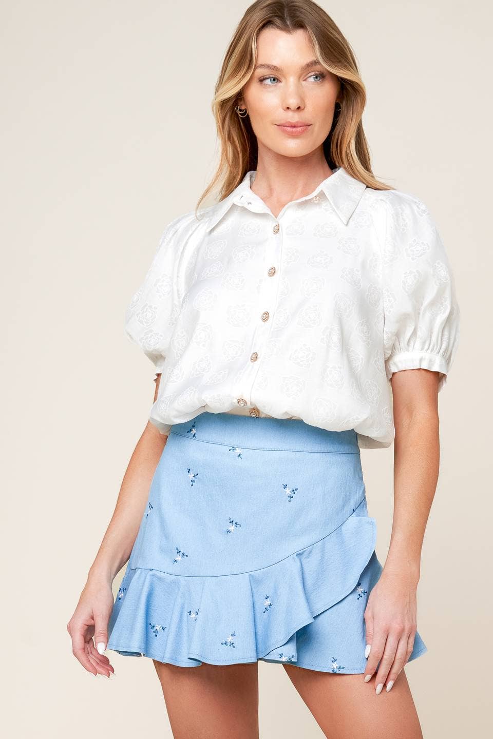 Baby blue floral embroidered woven skort - Flying Tomato