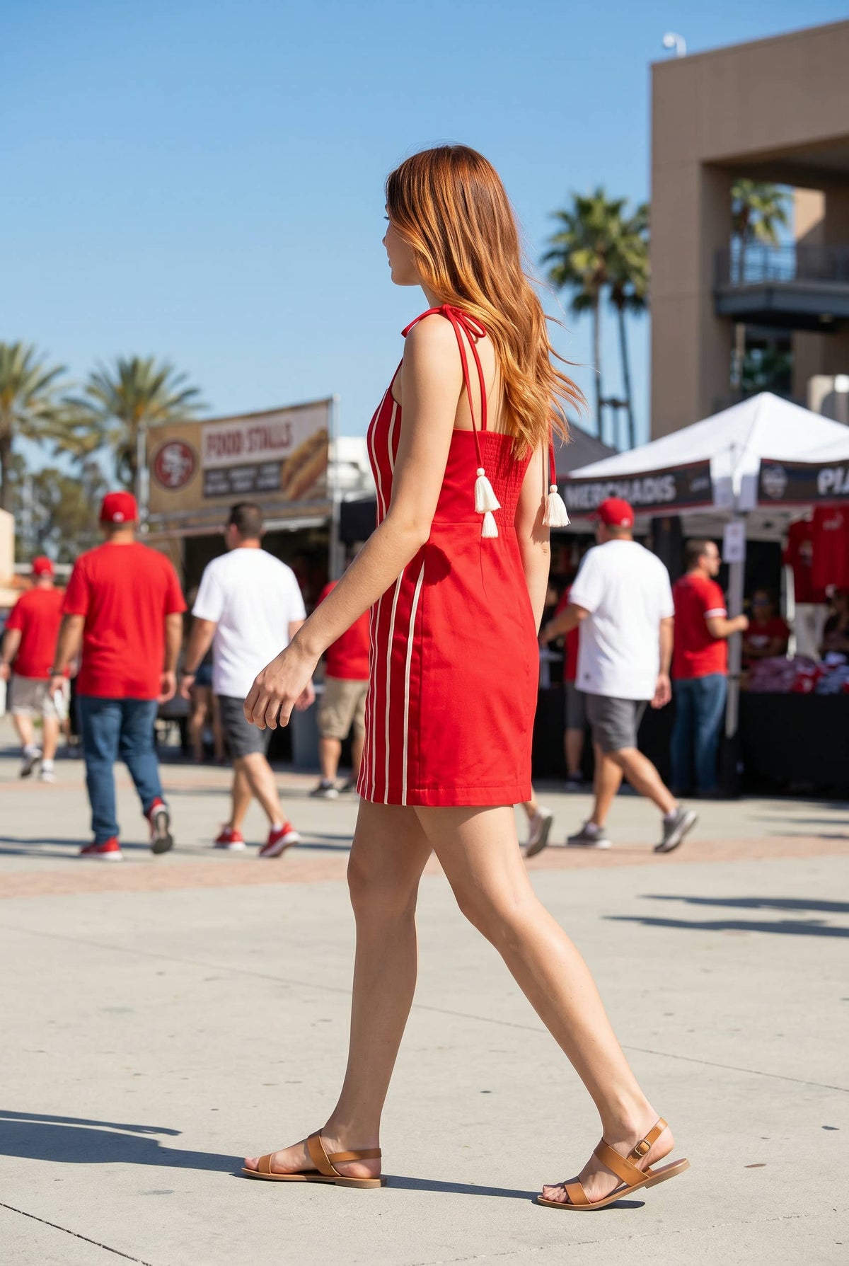 Cord Trim Mini Dress with Tassel Tie Straps: RED
