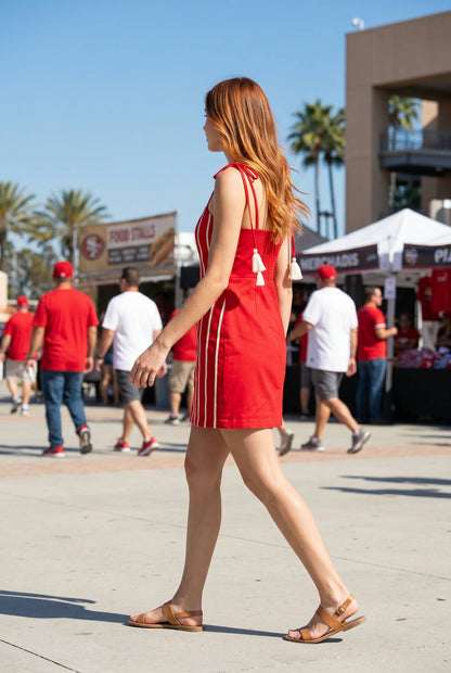Cord Trim Mini Dress with Tassel Tie Straps: RED