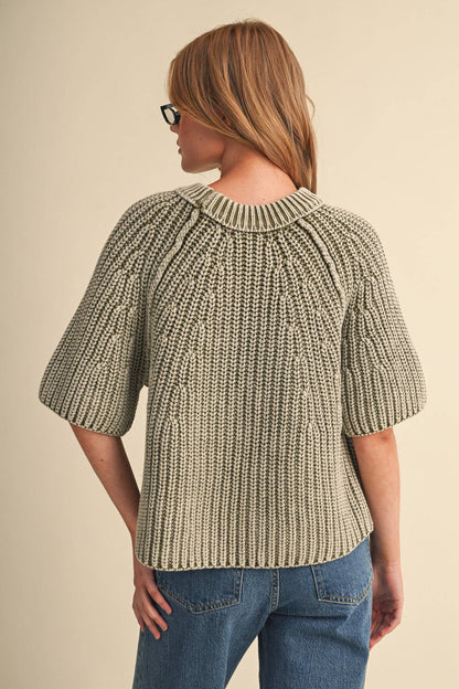 PREORDER - WASHED CHUNKY KNIT SHORT SLEEVE SWEATER : KHAKI