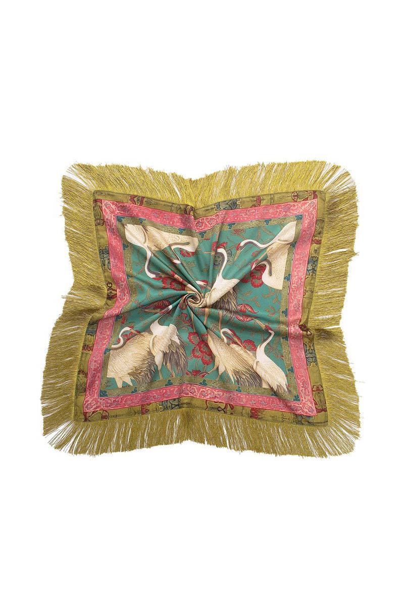 PREORDER : Fringe Scarf - Green Pink Crane