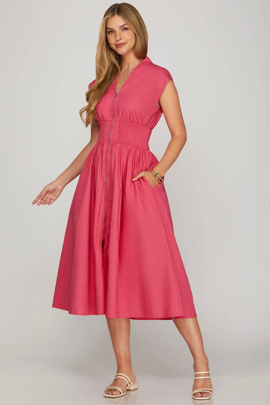 Drop Shoulder Smocked Waist Midi Dress: PINK