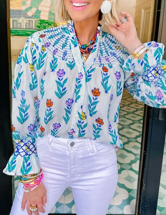 Smocked neck button down cream blouse with multicolor flowera