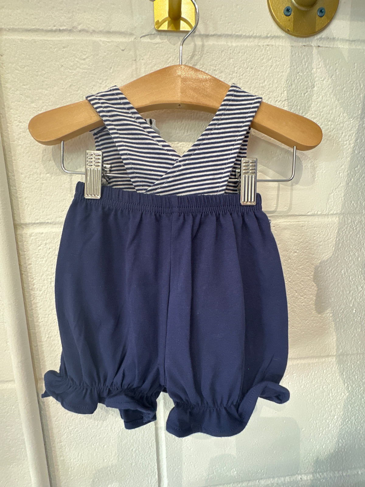 Navy and white stripped girls set with ruffle trim