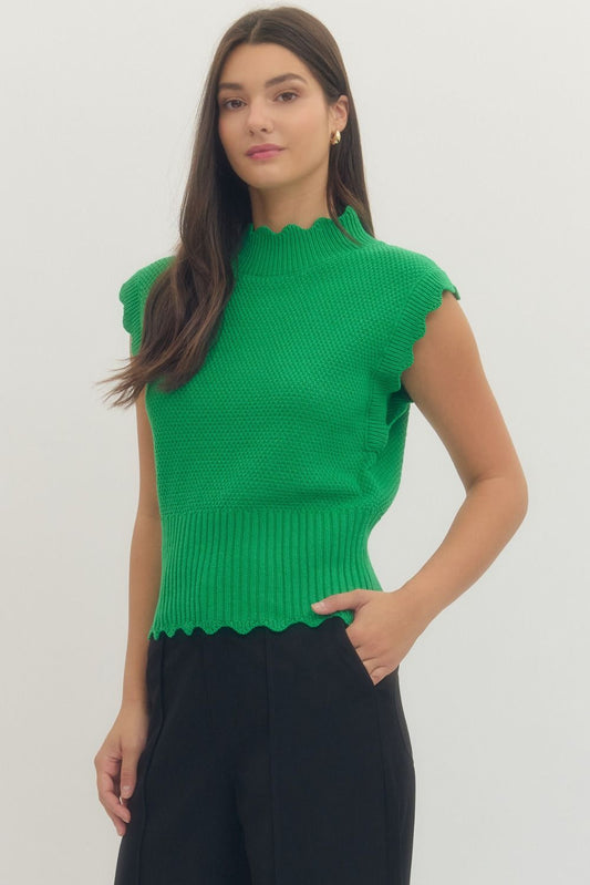 Entro - Scallop Trim Ribbed Waist top / GREEN