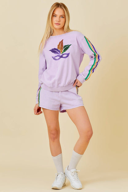 Mardi Grass Sequin Stripe Trim Short: LAVENDER