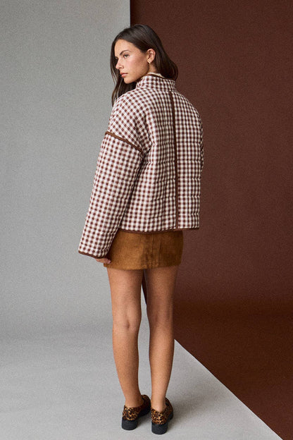 PREORDER - Gingham Quilted Jacket : BROWN