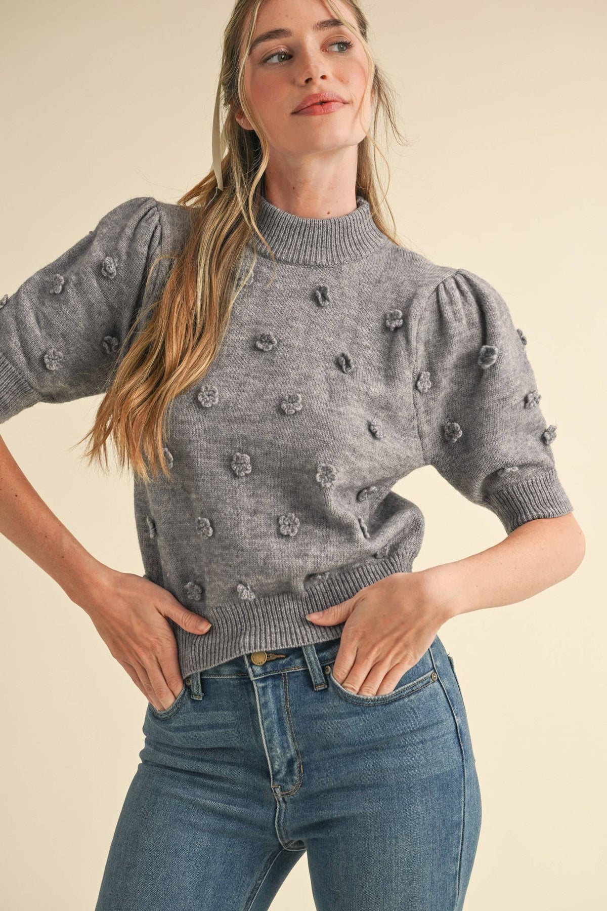 PREORDER 3D FLORAL KNIT SHORT SLEEVE SWEATER : CHARCOAL GREY