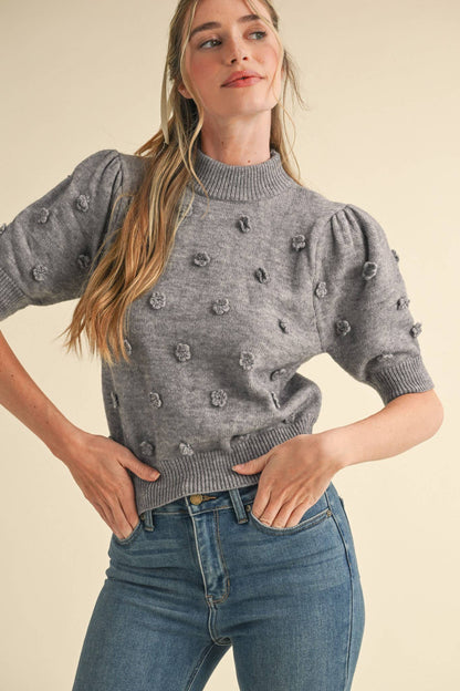 PREORDER 3D FLORAL KNIT SHORT SLEEVE SWEATER : CHARCOAL GREY