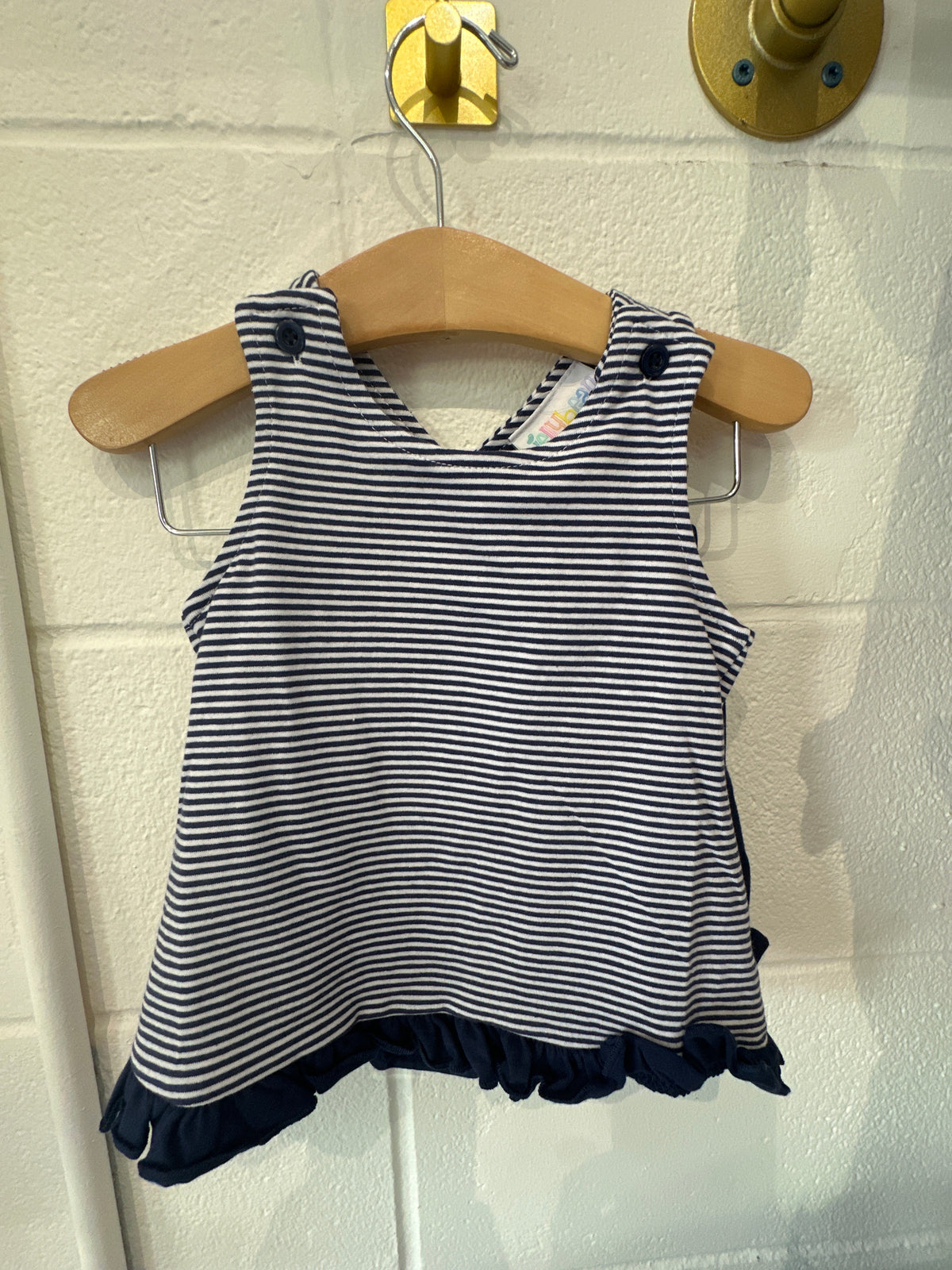 Navy and white stripped girls set with ruffle trim