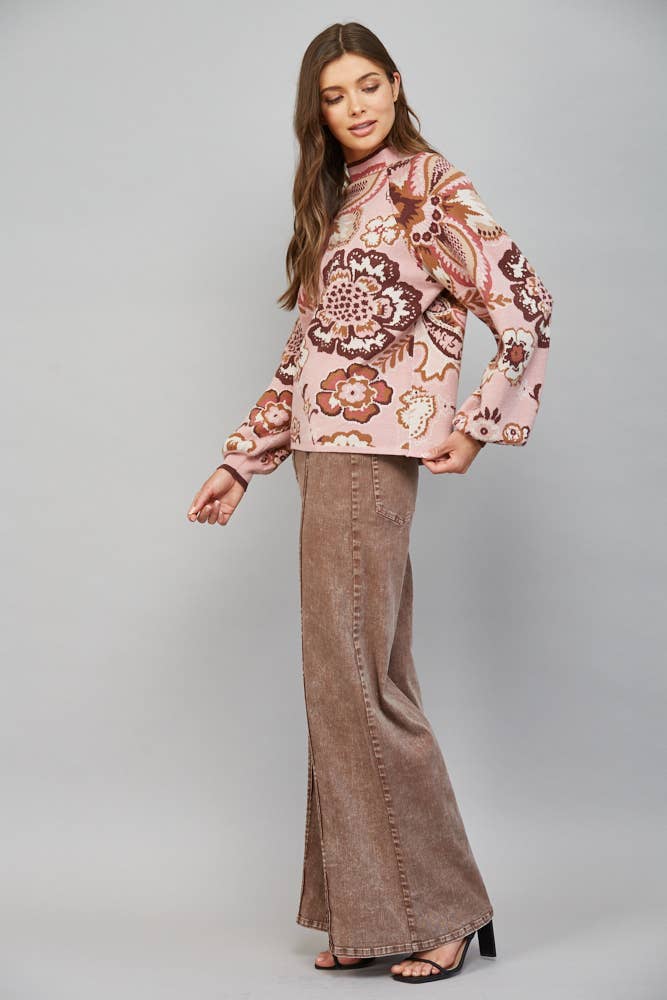 PREORDER: FATE - BOLD FLORAL & PAISLEY PATTERN FUNNEL NECKLINE SWEATER: MAUVE MULTI