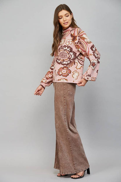 PREORDER: FATE - BOLD FLORAL & PAISLEY PATTERN FUNNEL NECKLINE SWEATER: MAUVE MULTI