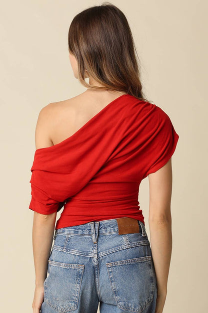 PREORDER: Olivaceous - Carina Draped One Shoulder Top: Teal Green