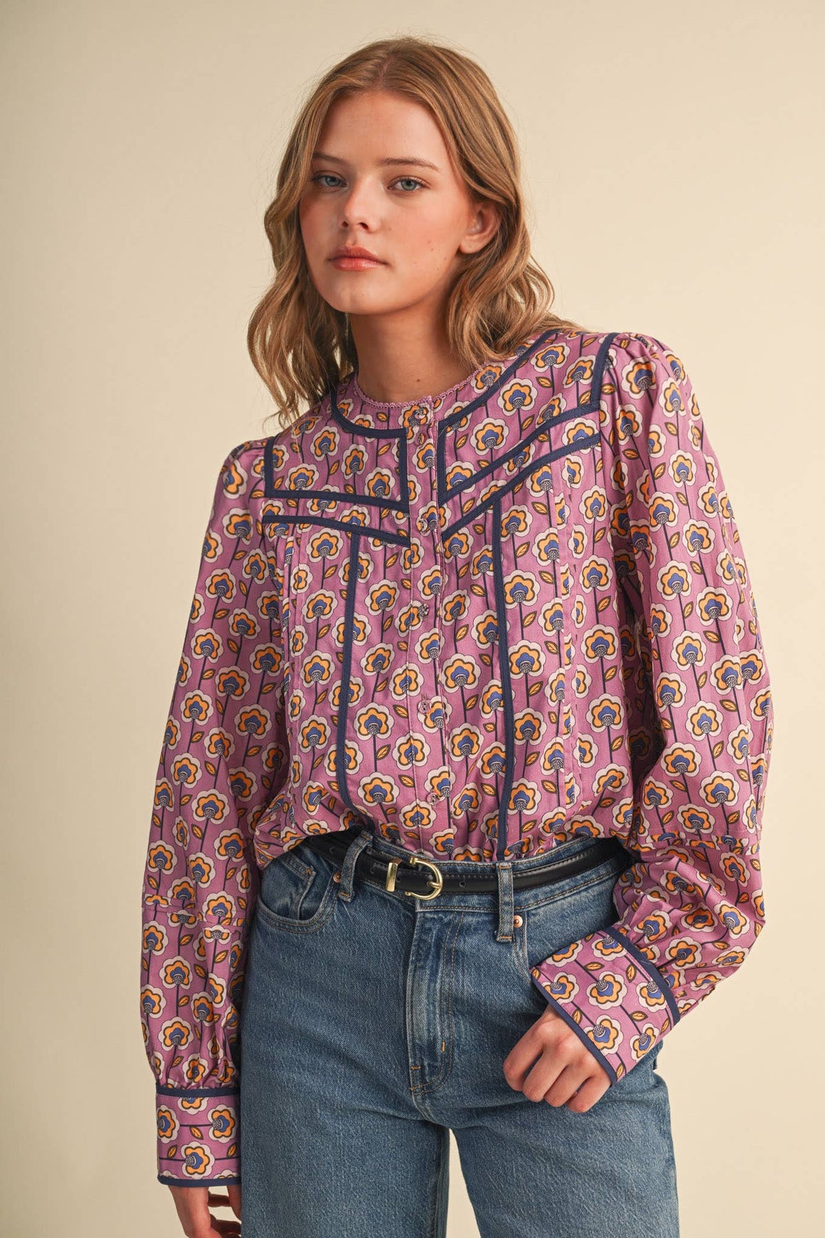 PREORDER : FLORAL BUTTON UP TOP WITH CONTRAST BINDING TRIM : ORCHID FLORAL