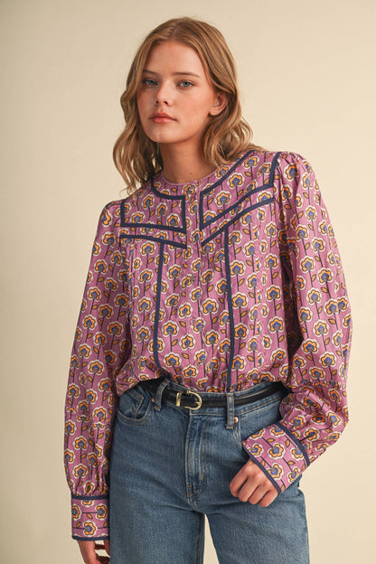 PREORDER : FLORAL BUTTON UP TOP WITH CONTRAST BINDING TRIM : ORCHID FLORAL