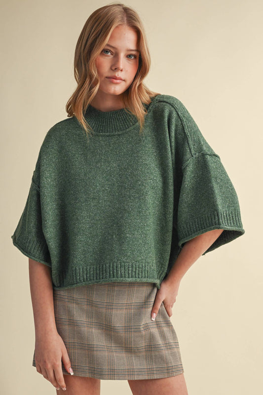 PREORDER - MARLED KNIT MOCK NECK SHORT SLEEVE SWEATER : WINTER GREEN