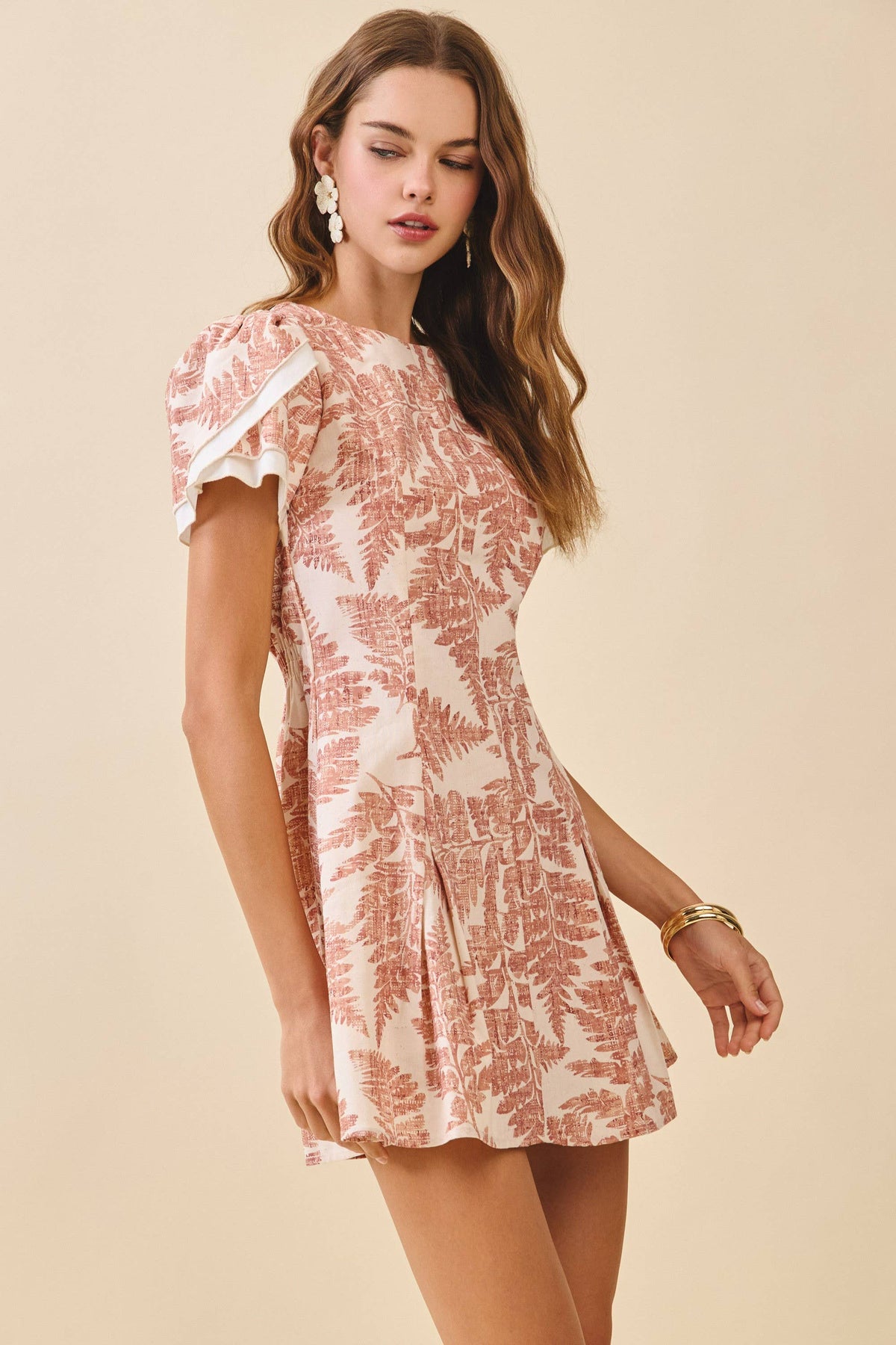 TCEC Fern Print Back Gathers Detail Puff Sleeves Dress