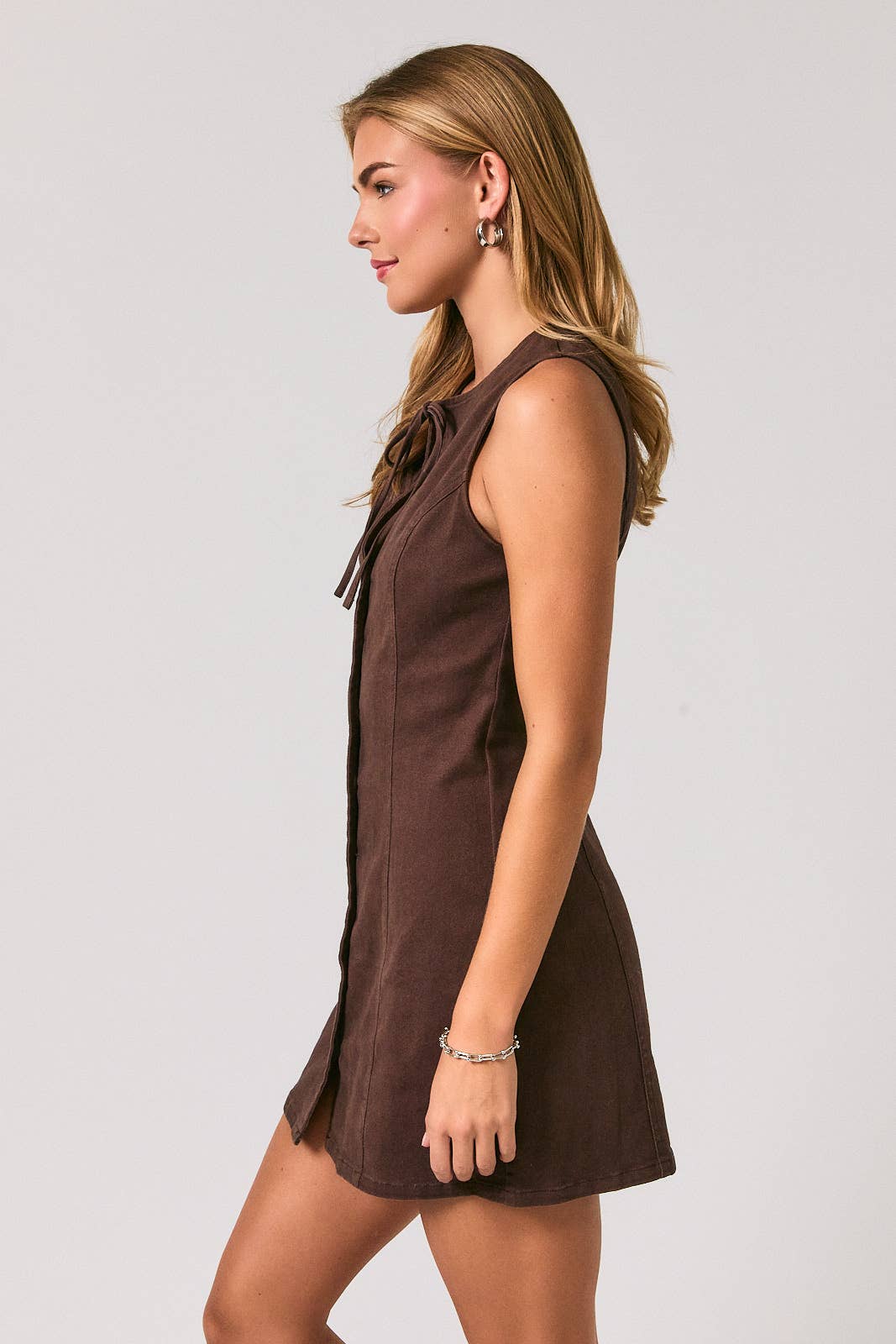 PREORDER - Keyhole Tie Button Front A-Line Mini Dress: DK BROWN