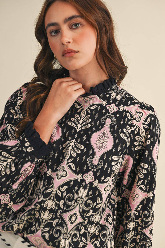 RUFFLE LACE TRIM MOCK NECK TOP