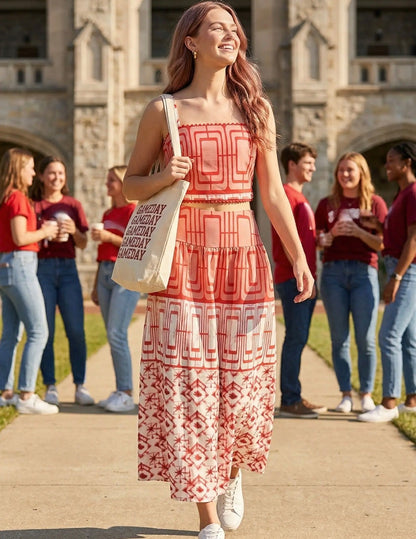 Geometric printed crop top and midi skirt set: RED COMBO