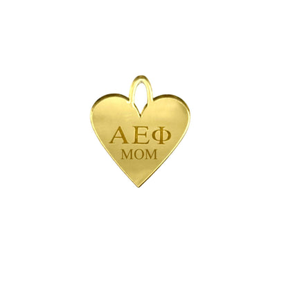 Acrylic Engraved Sorority + MOM Heart Charm: Mirror Gold / O Lever Ring Clasp / Alpha Omicron Pi