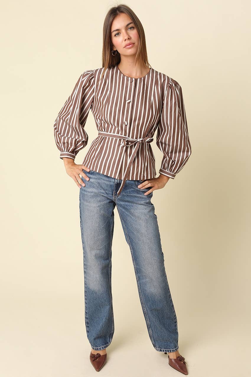 PREORDER:  Mabel Striped Belted Peplum Blouse: BROWN STRIPE