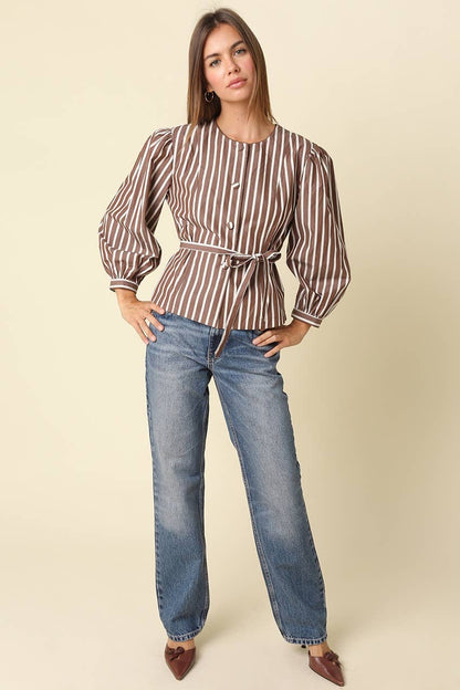 PREORDER:  Mabel Striped Belted Peplum Blouse: BROWN STRIPE