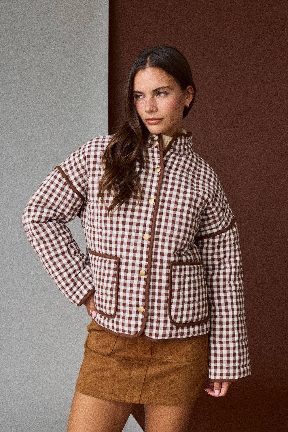 PREORDER - Gingham Quilted Jacket : BROWN